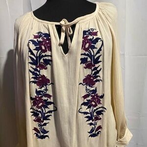NWT Karen Kane Embroidered Cream Blouse with Purple Floral Design